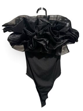 Discreet Black Off-Shoulder Ruffle Bodysuit